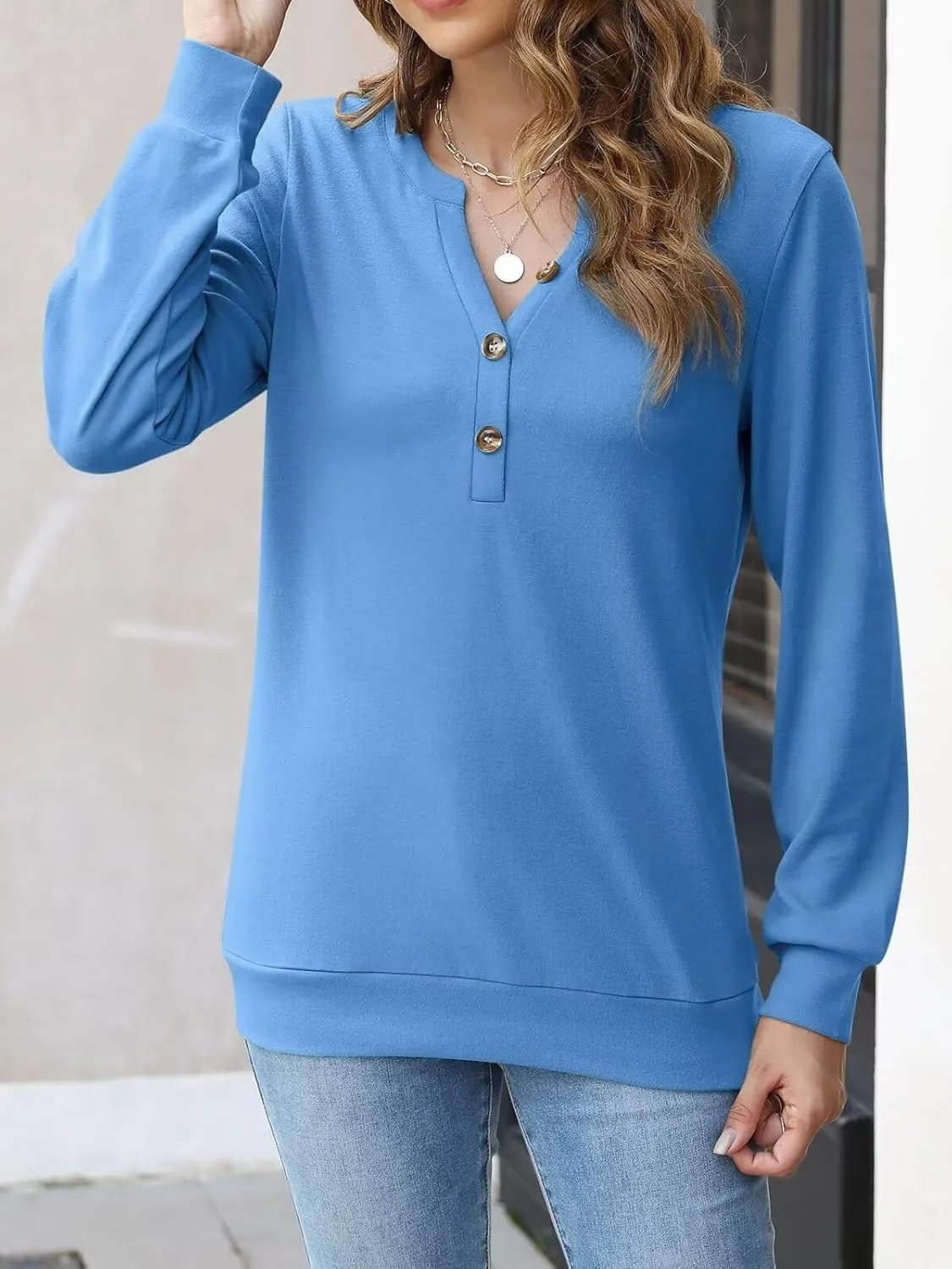 EADINVE Womens V Neck Long Sleeve Sweatshirts Half Button Lightweight Pullover Fashion Fall Clothes