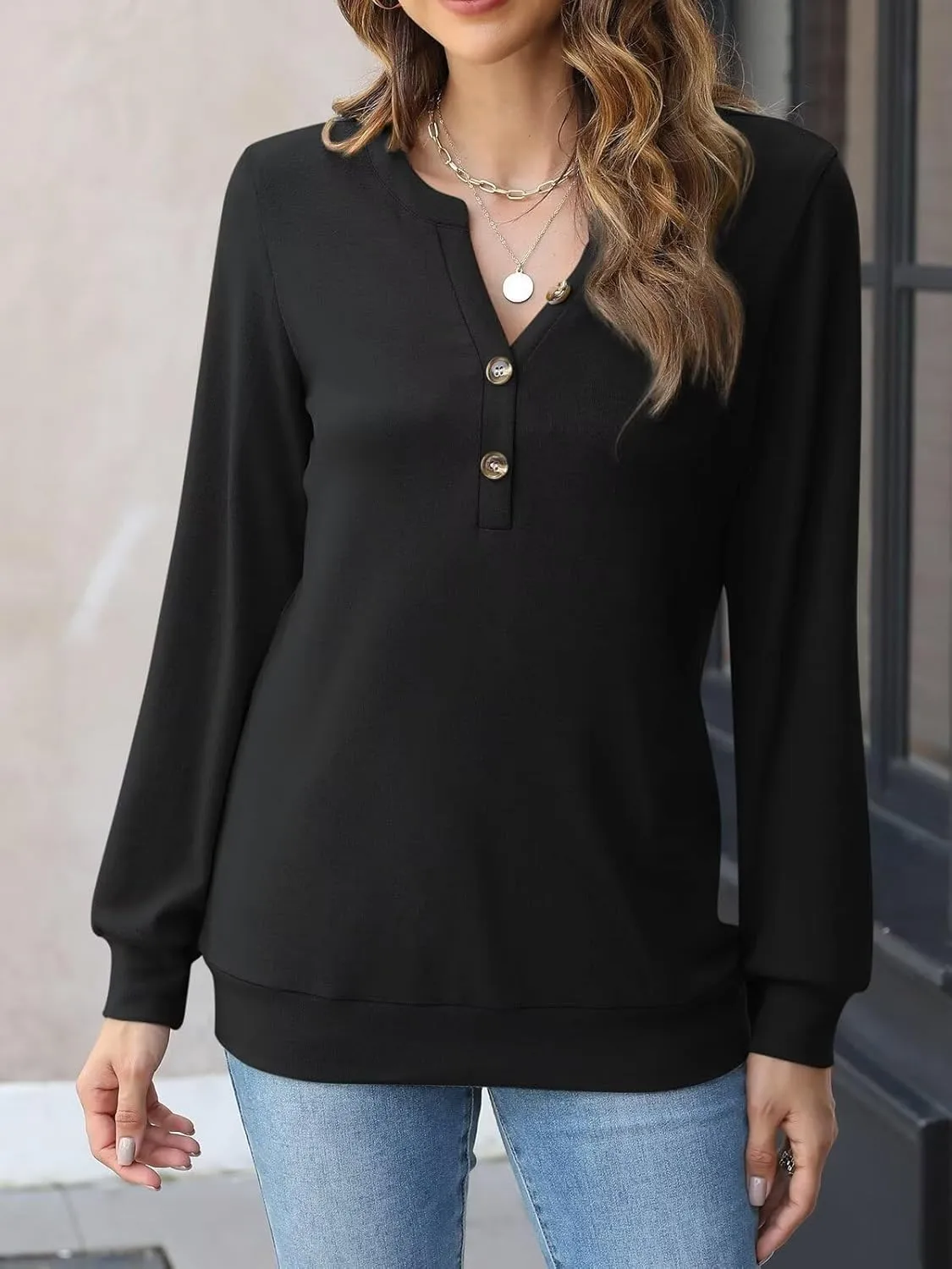 EADINVE Womens V Neck Long Sleeve Sweatshirts Half Button Lightweight Pullover Fashion Fall Clothes