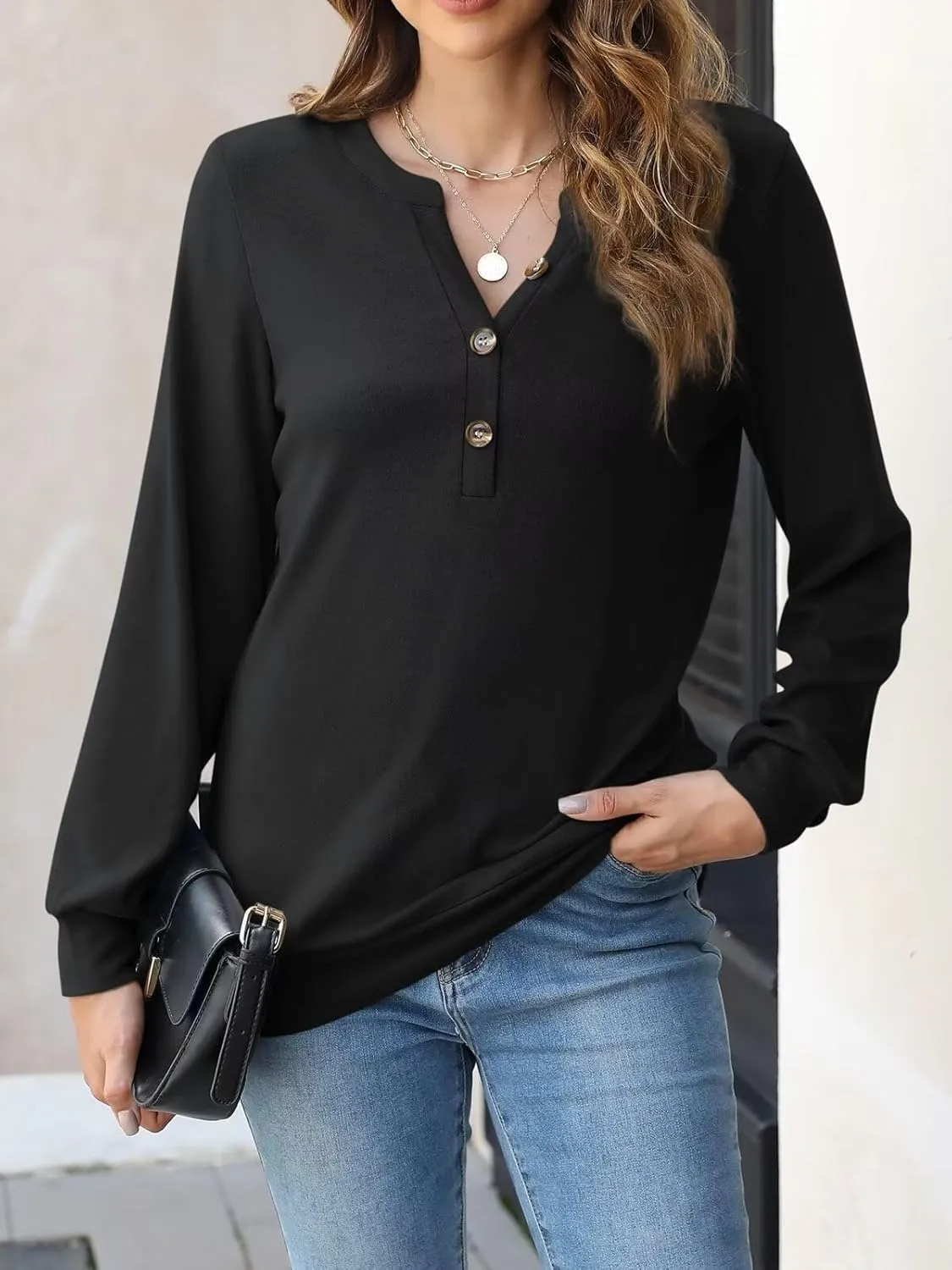 EADINVE Womens V Neck Long Sleeve Sweatshirts Half Button Lightweight Pullover Fashion Fall Clothes