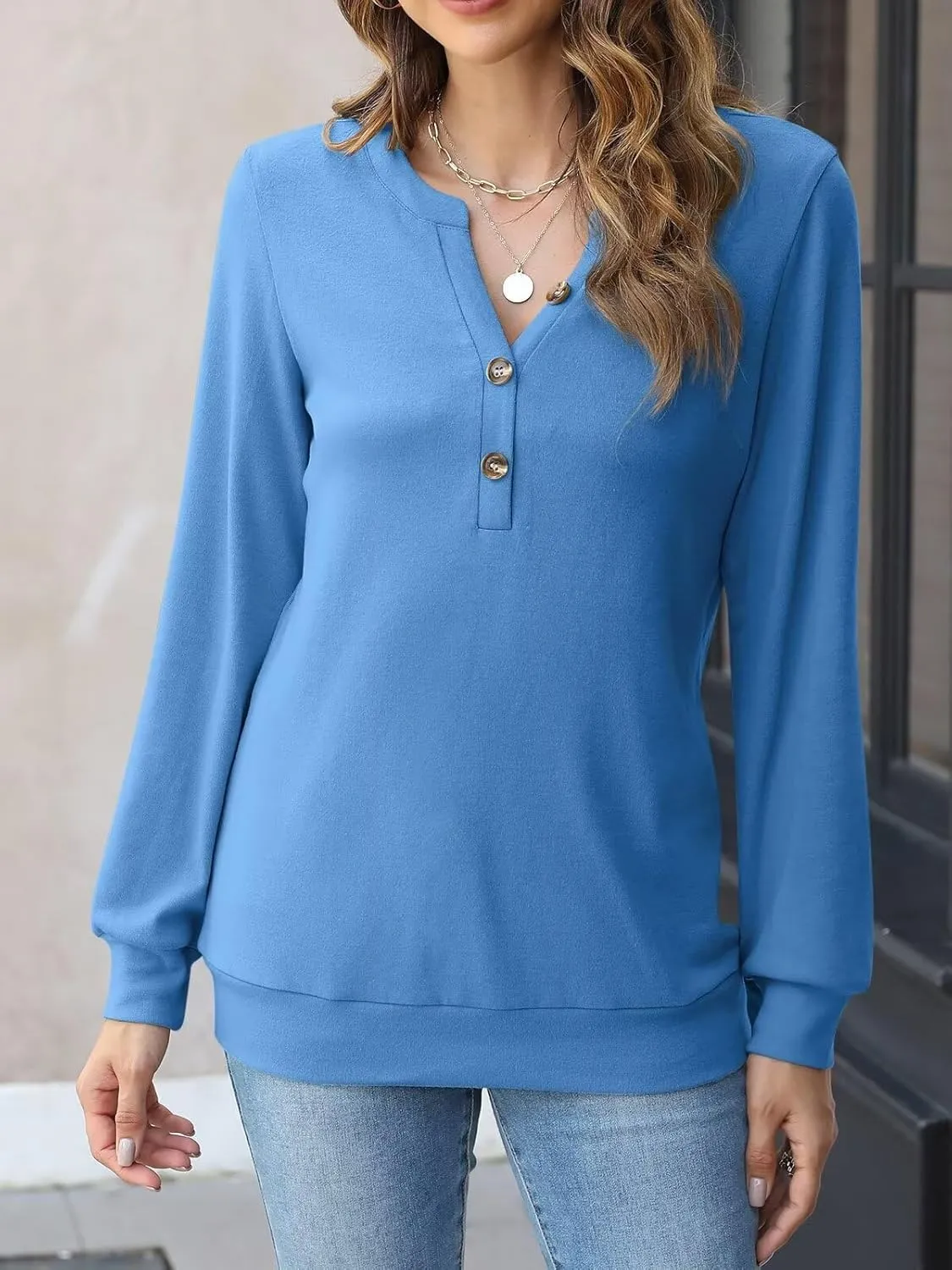 EADINVE Womens V Neck Long Sleeve Sweatshirts Half Button Lightweight Pullover Fashion Fall Clothes