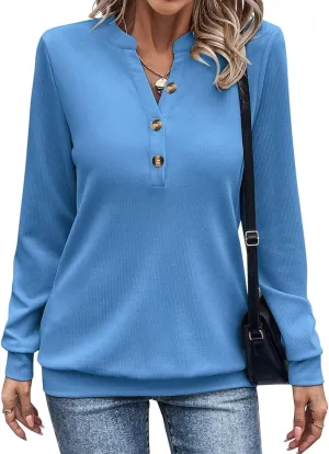 EADINVE Womens V Neck Long Sleeve Sweatshirts Half Button Lightweight Pullover Fashion Fall Clothes