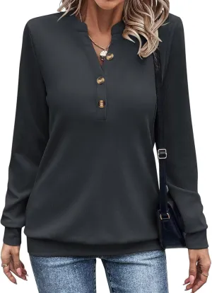 EADINVE Womens V Neck Long Sleeve Sweatshirts Half Button Lightweight Pullover Fashion Fall Clothes