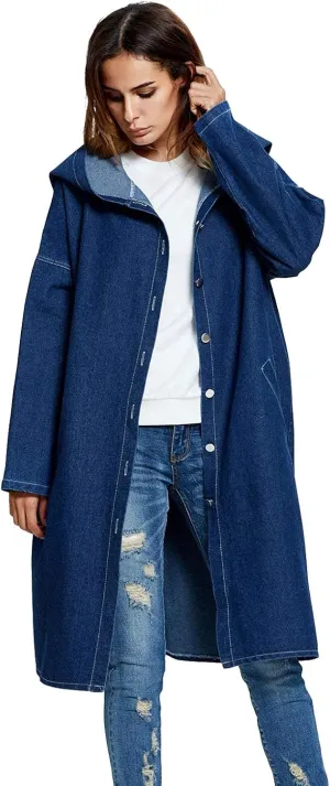 ebossy Womens Plus Size Hoodie Denim Jacket Button Up Washed Long Jean Trench Coat Outwear with Pockets
