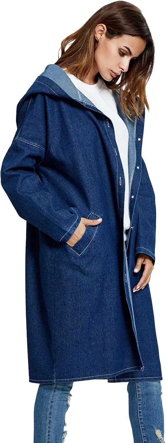 ebossy Womens Plus Size Hoodie Denim Jacket Button Up Washed Long Jean Trench Coat Outwear with Pockets