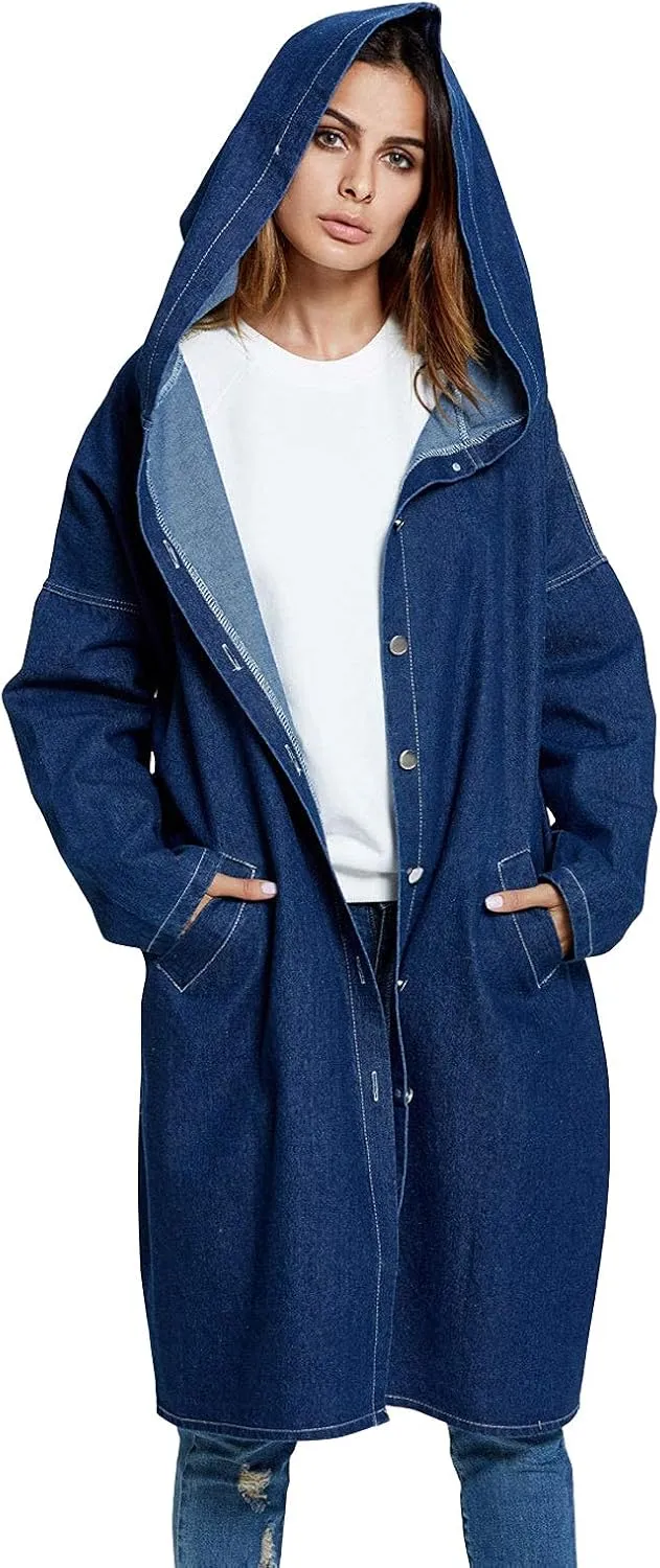 ebossy Womens Plus Size Hoodie Denim Jacket Button Up Washed Long Jean Trench Coat Outwear with Pockets