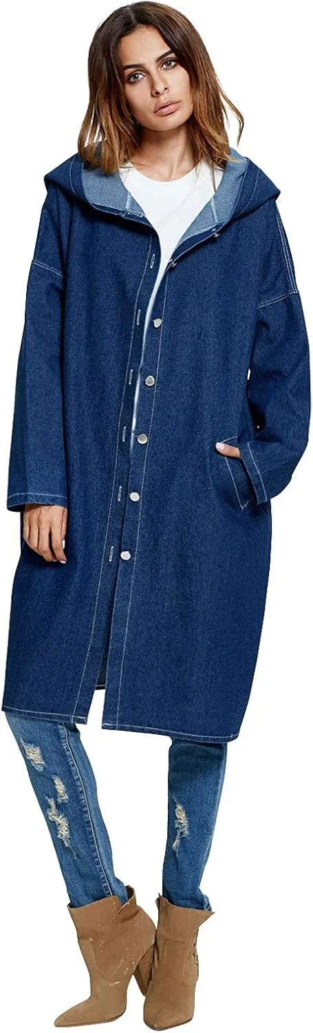 ebossy Womens Plus Size Hoodie Denim Jacket Button Up Washed Long Jean Trench Coat Outwear with Pockets