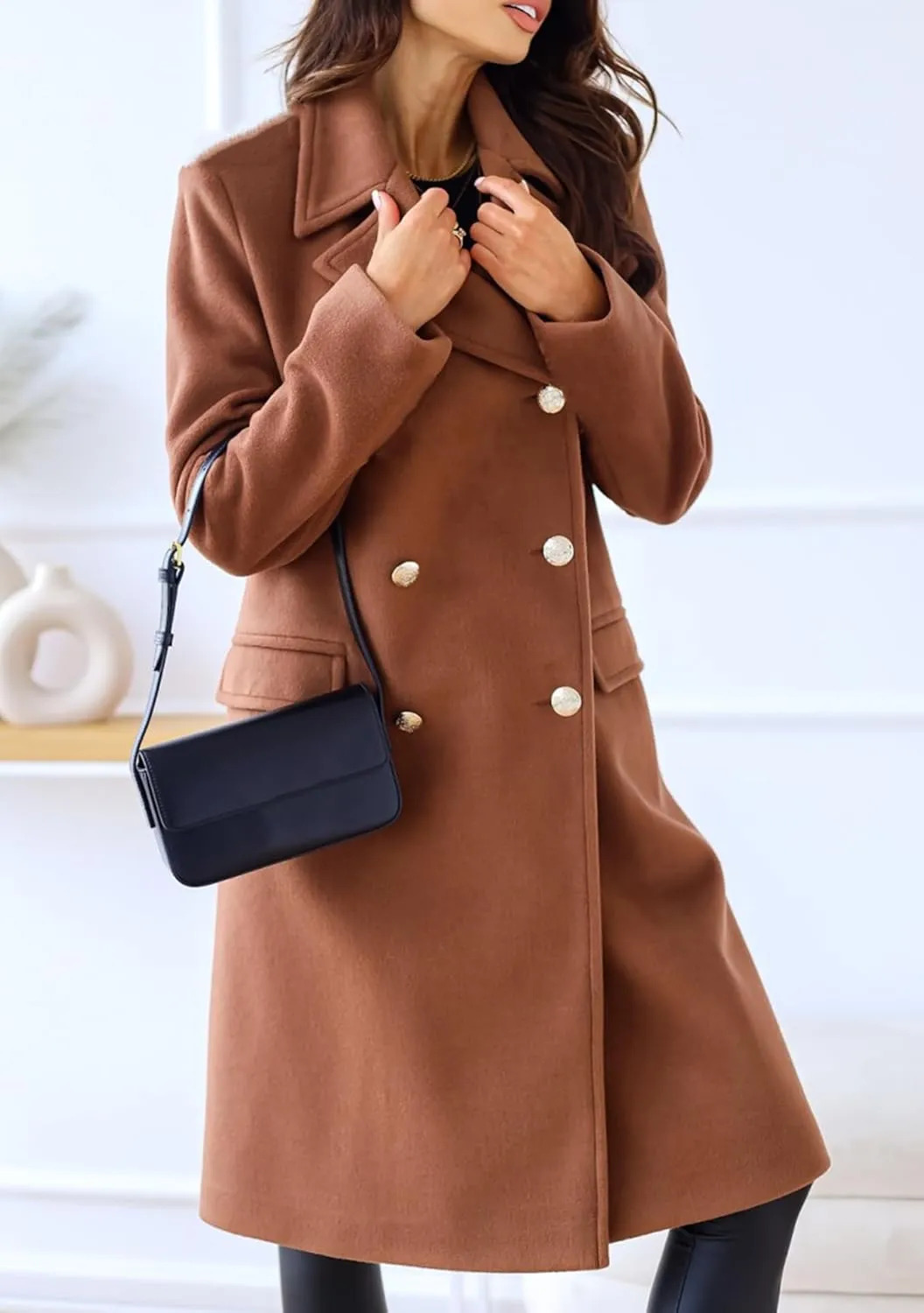 EFOFEI Women's Classic Long Sleeved Jacket Lapel Collar Coats Solid Color Wrap Coats With Pockets
