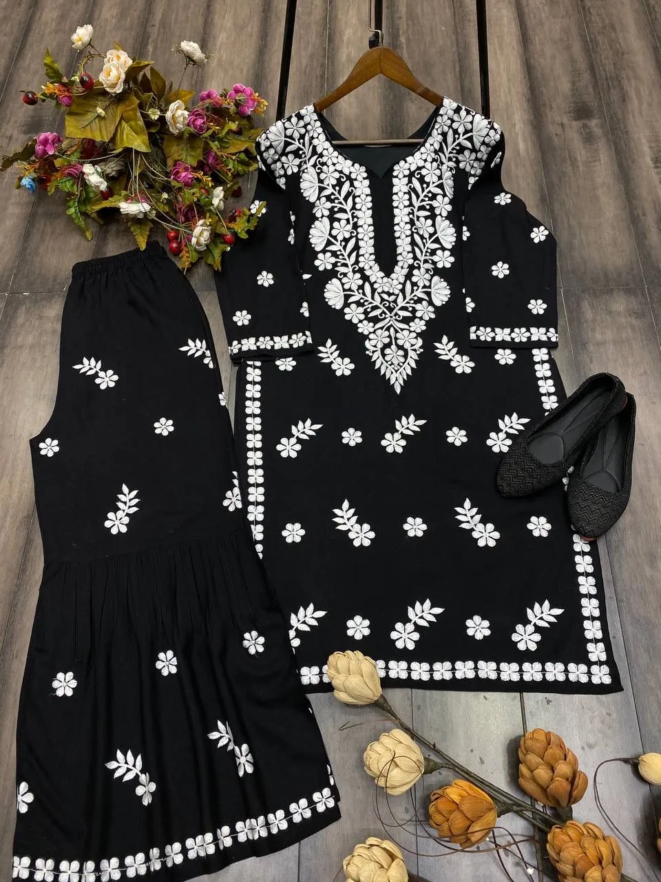 Elegant Black Color Rayon Sharara Suits With Embroidery Work For Women