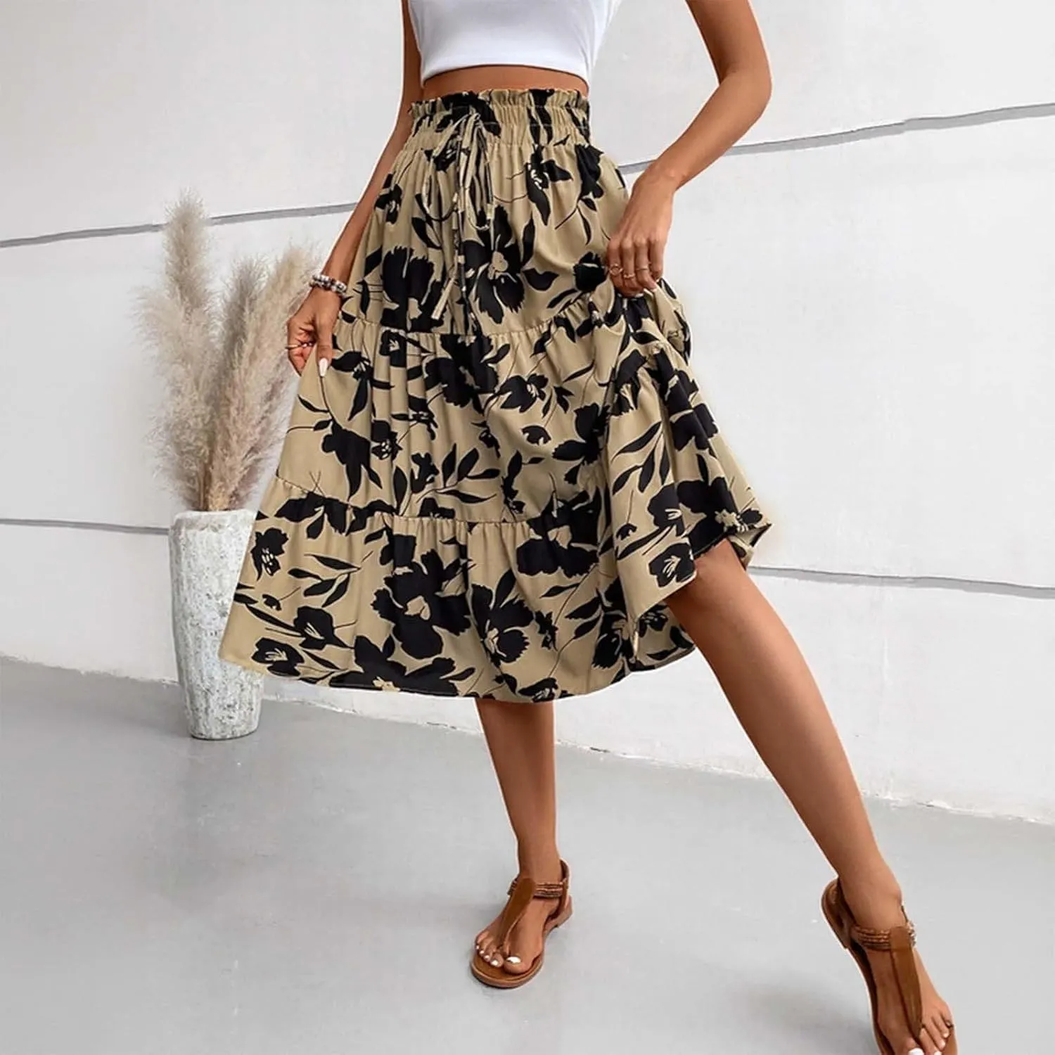 Elegant Floral Pleated Midi Skirt for Women Summer High End Fashion Stylish A Line Skirt Comfortable Lightweight