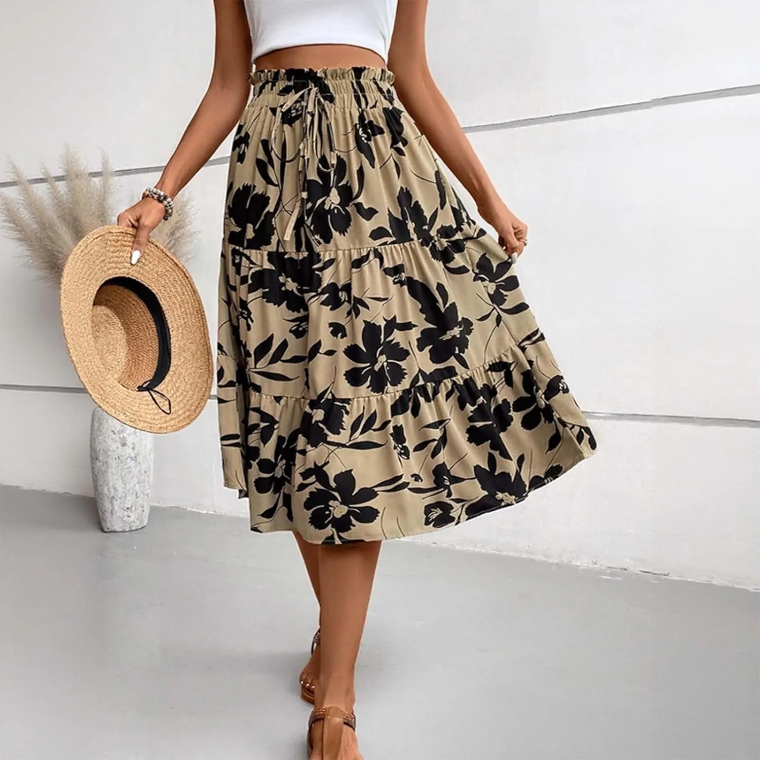Elegant Floral Pleated Midi Skirt for Women Summer High End Fashion Stylish A Line Skirt Comfortable Lightweight
