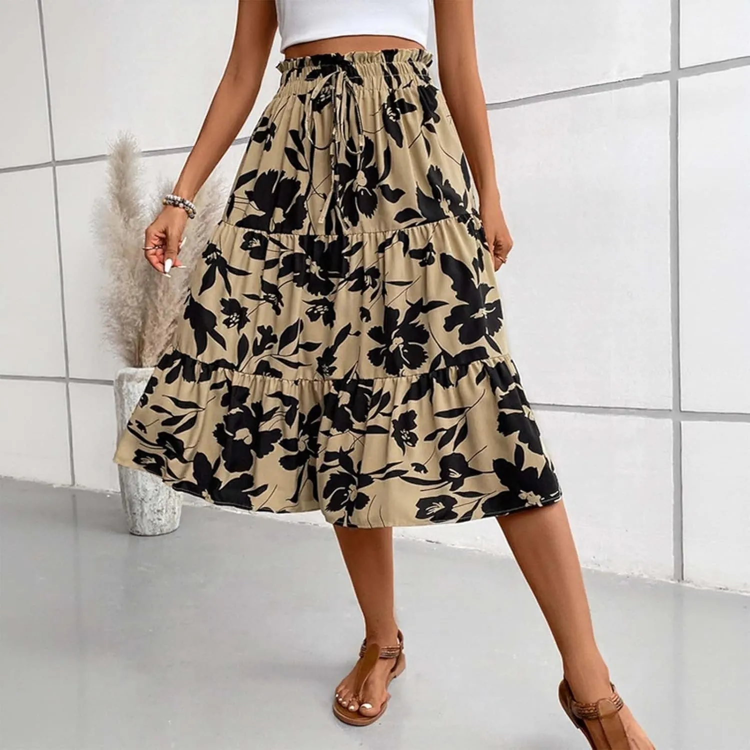 Elegant Floral Pleated Midi Skirt for Women Summer High End Fashion Stylish A Line Skirt Comfortable Lightweight