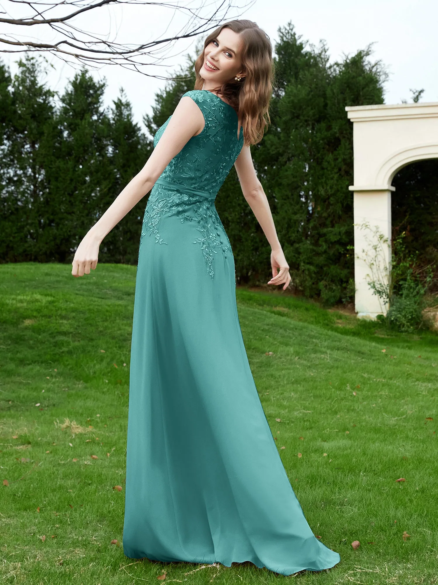 Elegant Illusion Lace Appliqued Dress With Buttons Jade