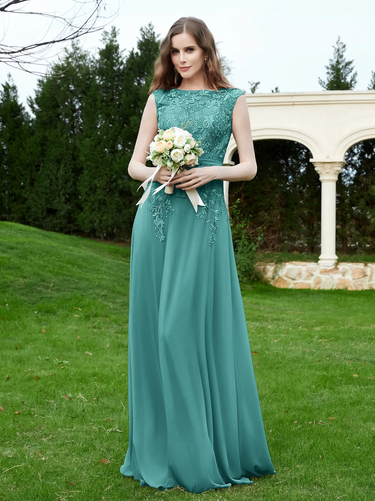 Elegant Illusion Lace Appliqued Dress With Buttons Jade