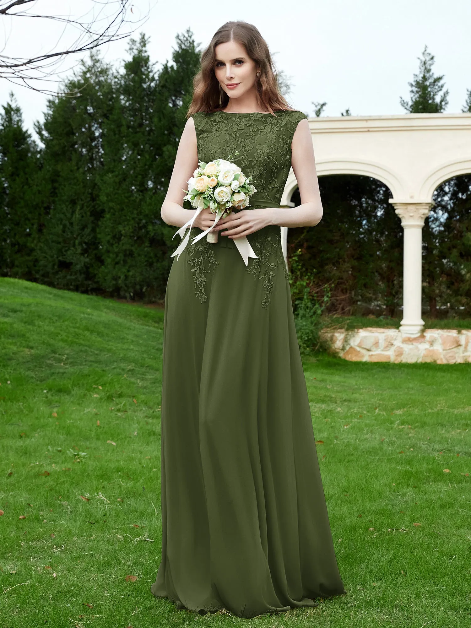 Elegant Illusion Lace Appliqued Dress With Buttons Olive Green Plus Size