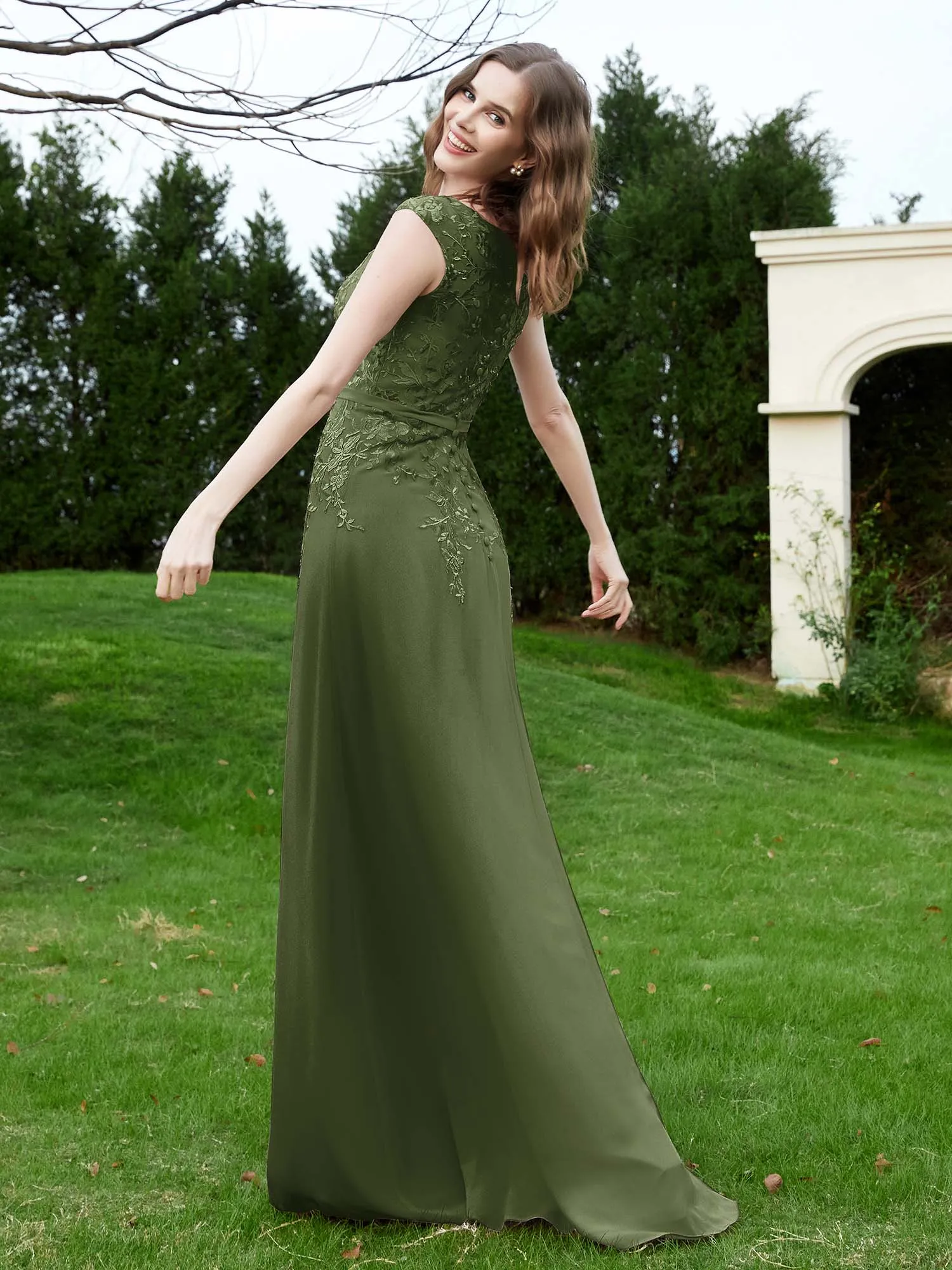 Elegant Illusion Lace Appliqued Dress With Buttons Olive Green Plus Size