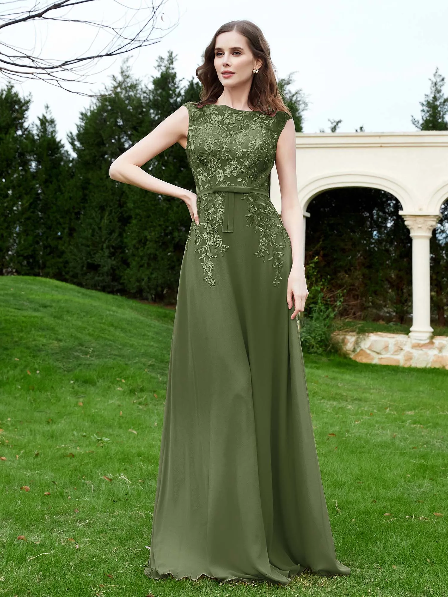 Elegant Illusion Lace Appliqued Dress With Buttons Olive Green Plus Size