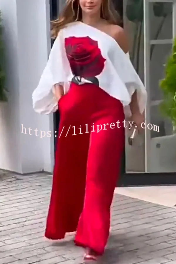 Elegant Rose Print Long Sleeve Belted Wide Leg Pants Suit