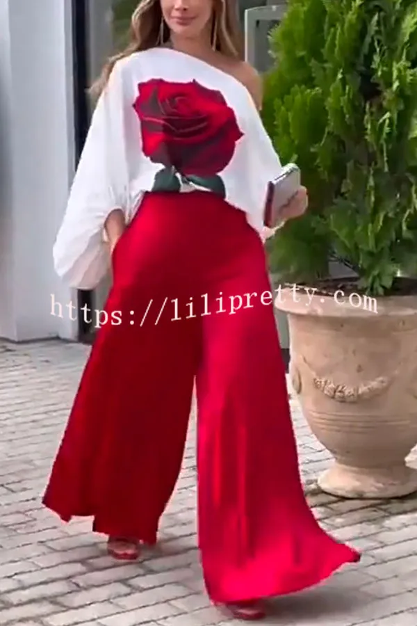 Elegant Rose Print Long Sleeve Belted Wide Leg Pants Suit