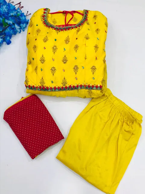 Elegant Yellow Color Designer Kurti Embroidery With Printed Work