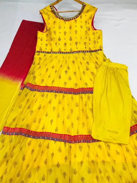 Elegant Yellow Color Designer Kurti Embroidery With Printed Work