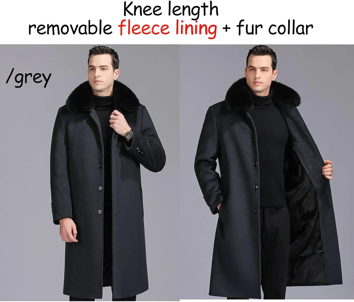 EsukAr Men's Casual Business Single Breasted Long Peacoats Overcoat Winter Wool Coats Fur Collar Trench Coat,S-6XL