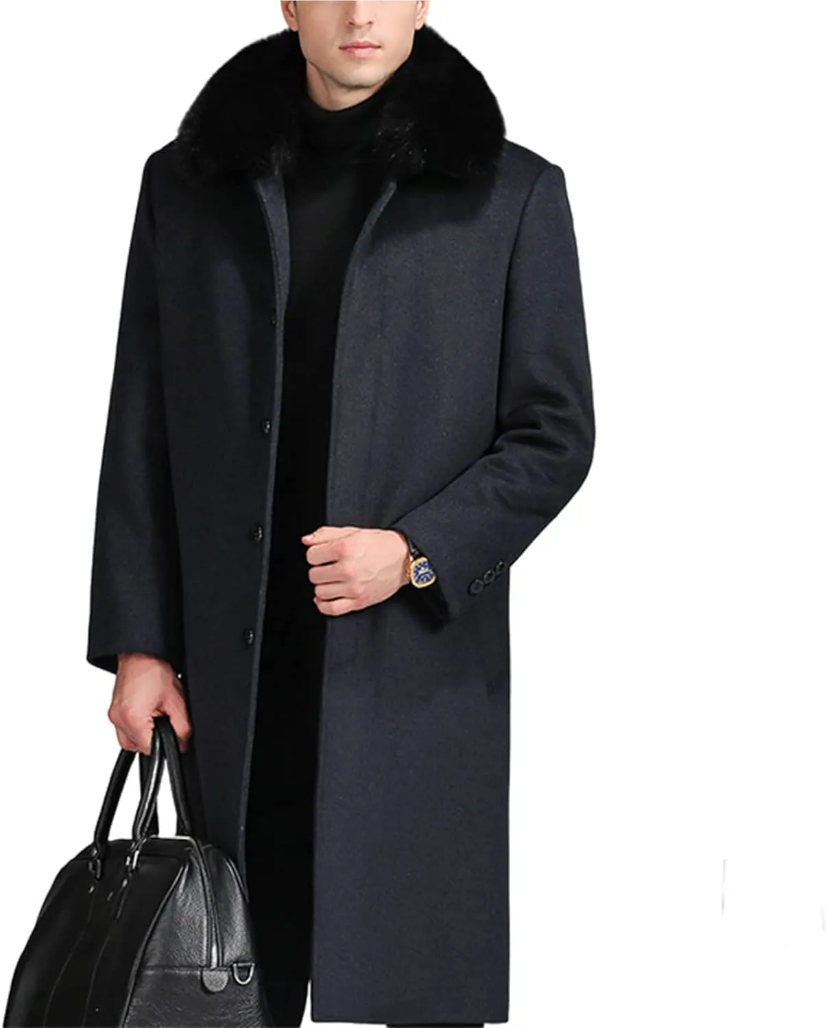 EsukAr Men's Casual Business Single Breasted Long Peacoats Overcoat Winter Wool Coats Fur Collar Trench Coat,S-6XL