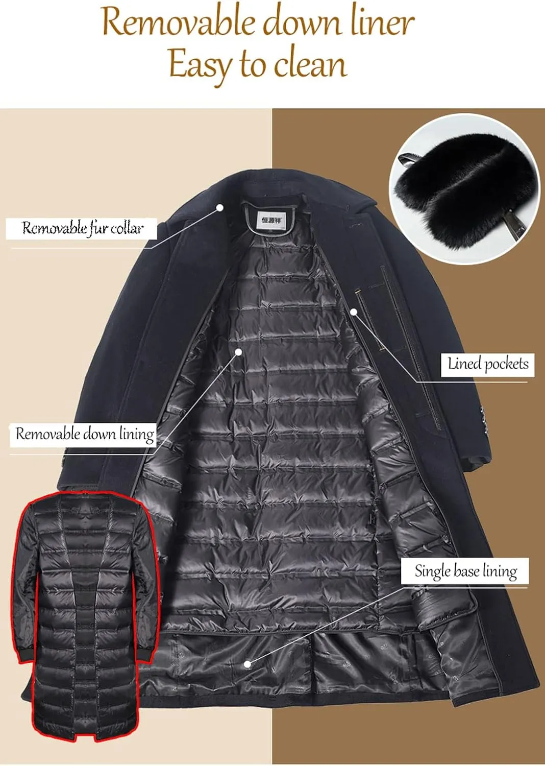 EsukAr Men's Casual Business Single Breasted Long Peacoats Overcoat Winter Wool Coats Fur Collar Trench Coat,S-6XL