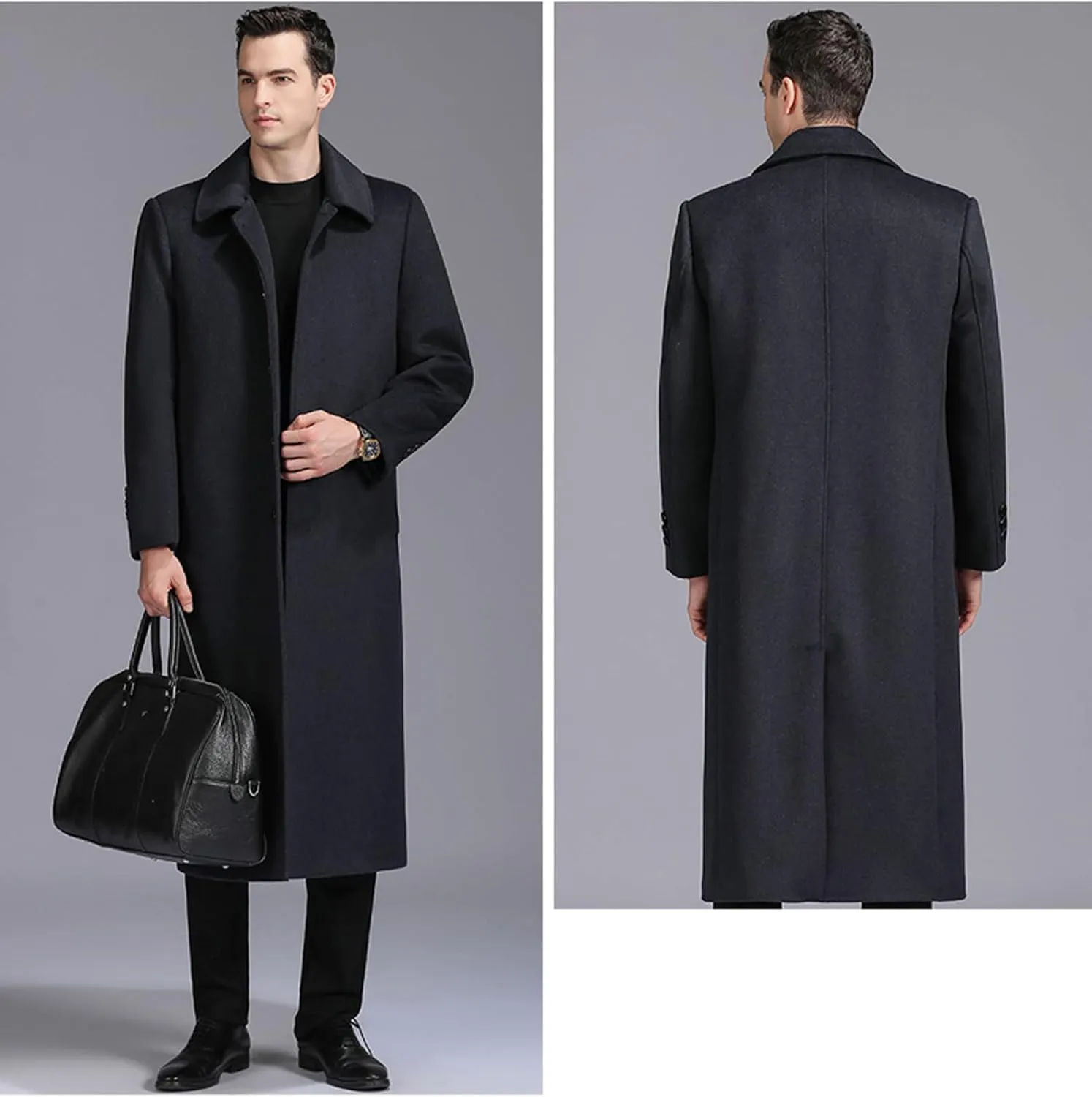 EsukAr Men's Casual Business Single Breasted Long Peacoats Overcoat Winter Wool Coats Fur Collar Trench Coat,S-6XL