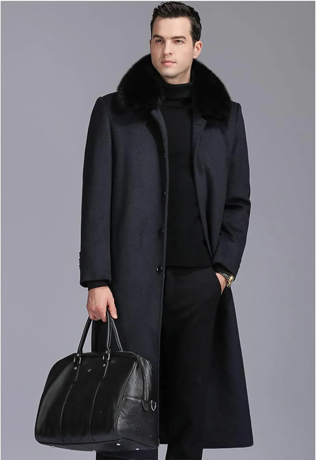 EsukAr Men's Casual Business Single Breasted Long Peacoats Overcoat Winter Wool Coats Fur Collar Trench Coat,S-6XL