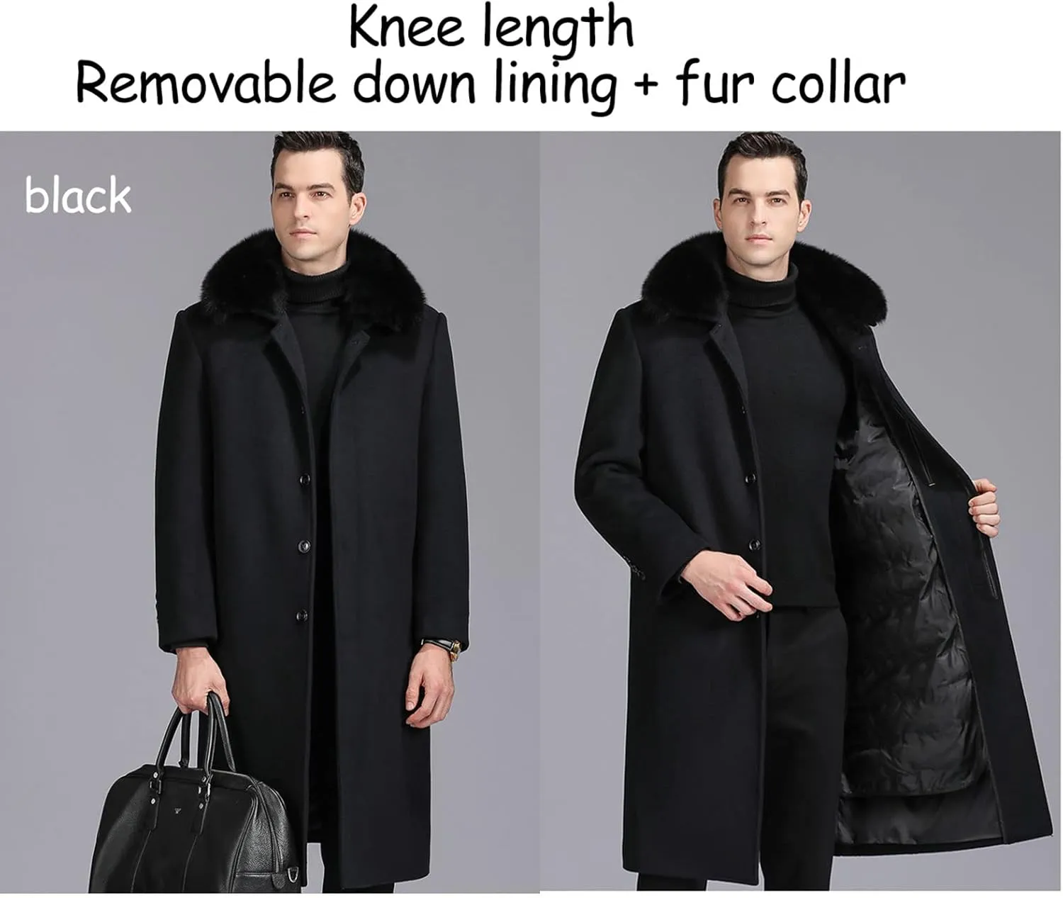 EsukAr Men's Casual Business Single Breasted Long Peacoats Overcoat Winter Wool Coats Fur Collar Trench Coat,S-6XL