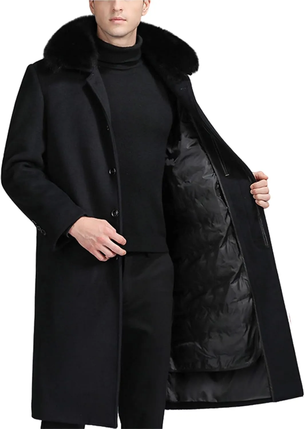 EsukAr Men's Casual Business Single Breasted Long Peacoats Overcoat Winter Wool Coats Fur Collar Trench Coat,S-6XL
