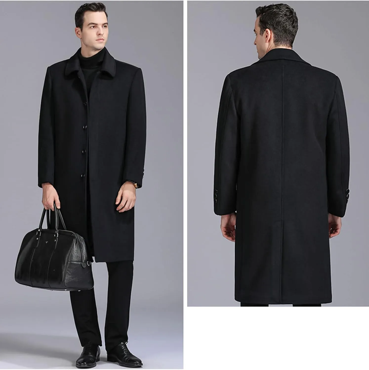 EsukAr Men's Casual Business Single Breasted Long Peacoats Overcoat Winter Wool Coats Fur Collar Trench Coat,S-6XL