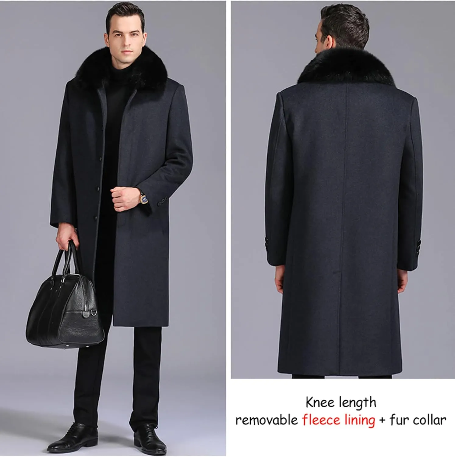 EsukAr Men's Casual Business Single Breasted Long Peacoats Overcoat Winter Wool Coats Fur Collar Trench Coat,S-6XL