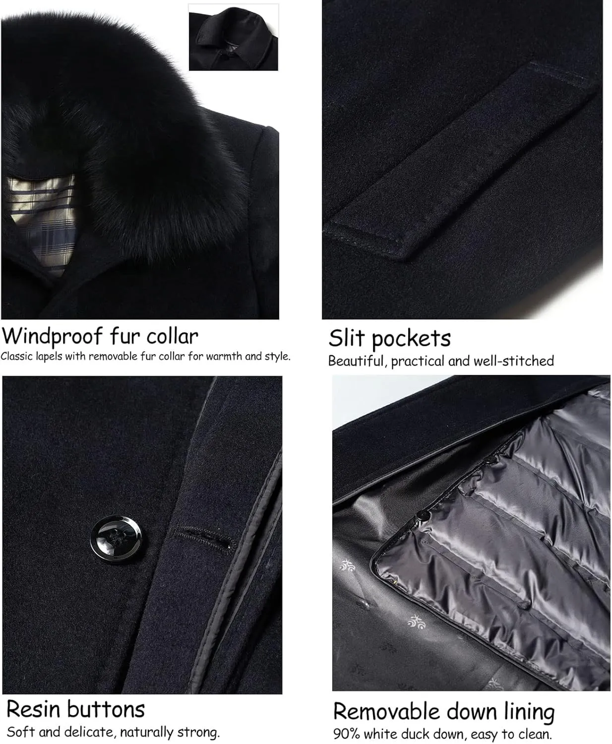EsukAr Men's Casual Business Single Breasted Long Peacoats Overcoat Winter Wool Coats Fur Collar Trench Coat,S-6XL
