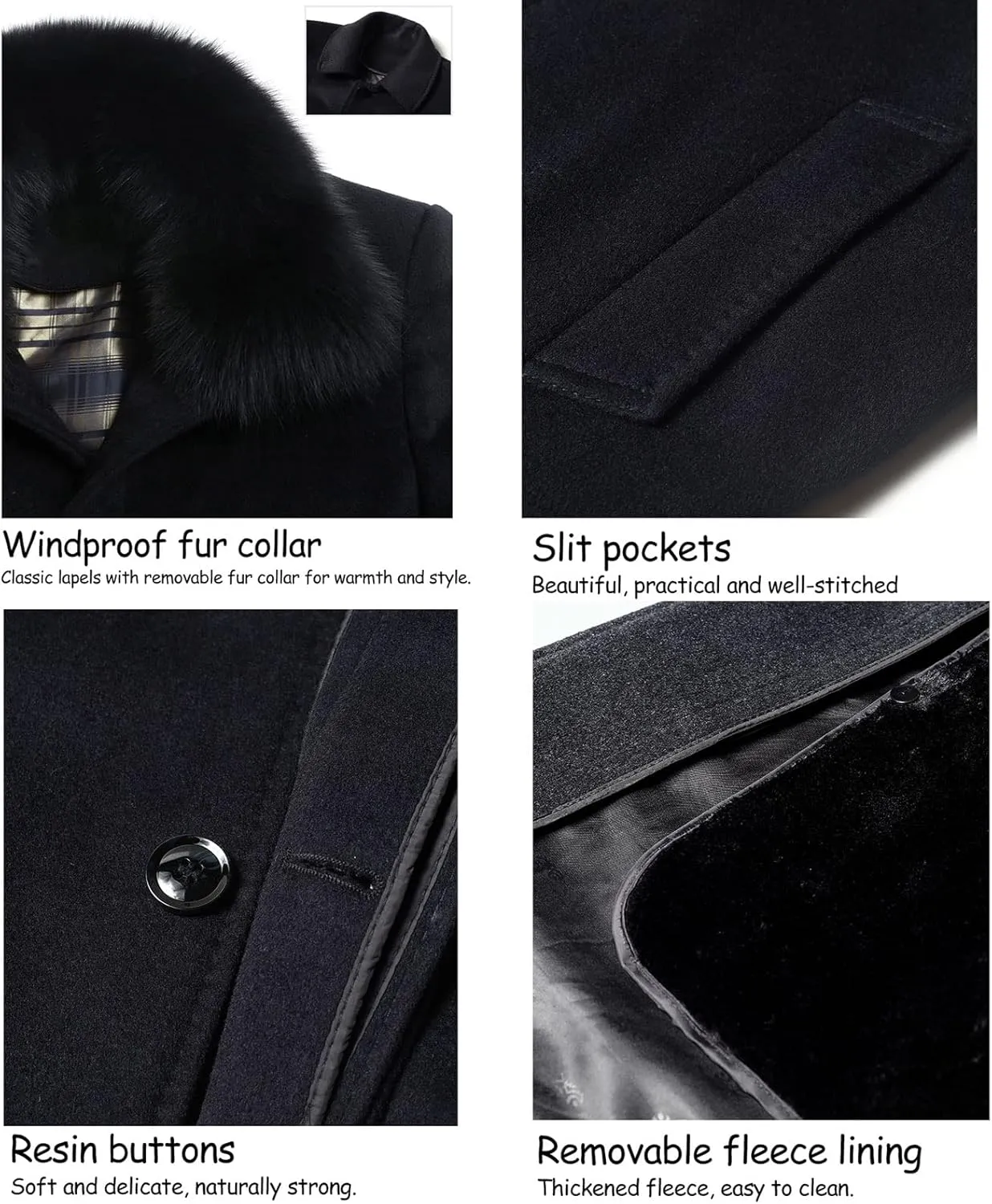 EsukAr Men's Casual Business Single Breasted Long Peacoats Overcoat Winter Wool Coats Fur Collar Trench Coat,S-6XL