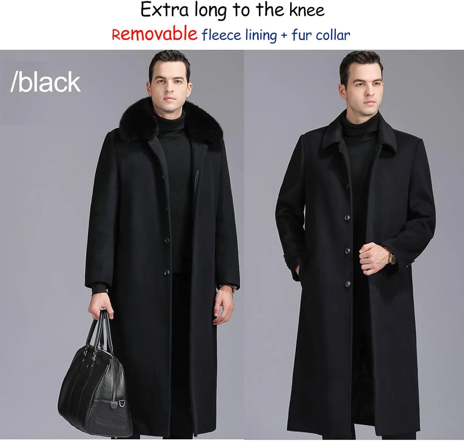 EsukAr Men's Casual Business Single Breasted Long Peacoats Overcoat Winter Wool Coats Fur Collar Trench Coat,S-6XL