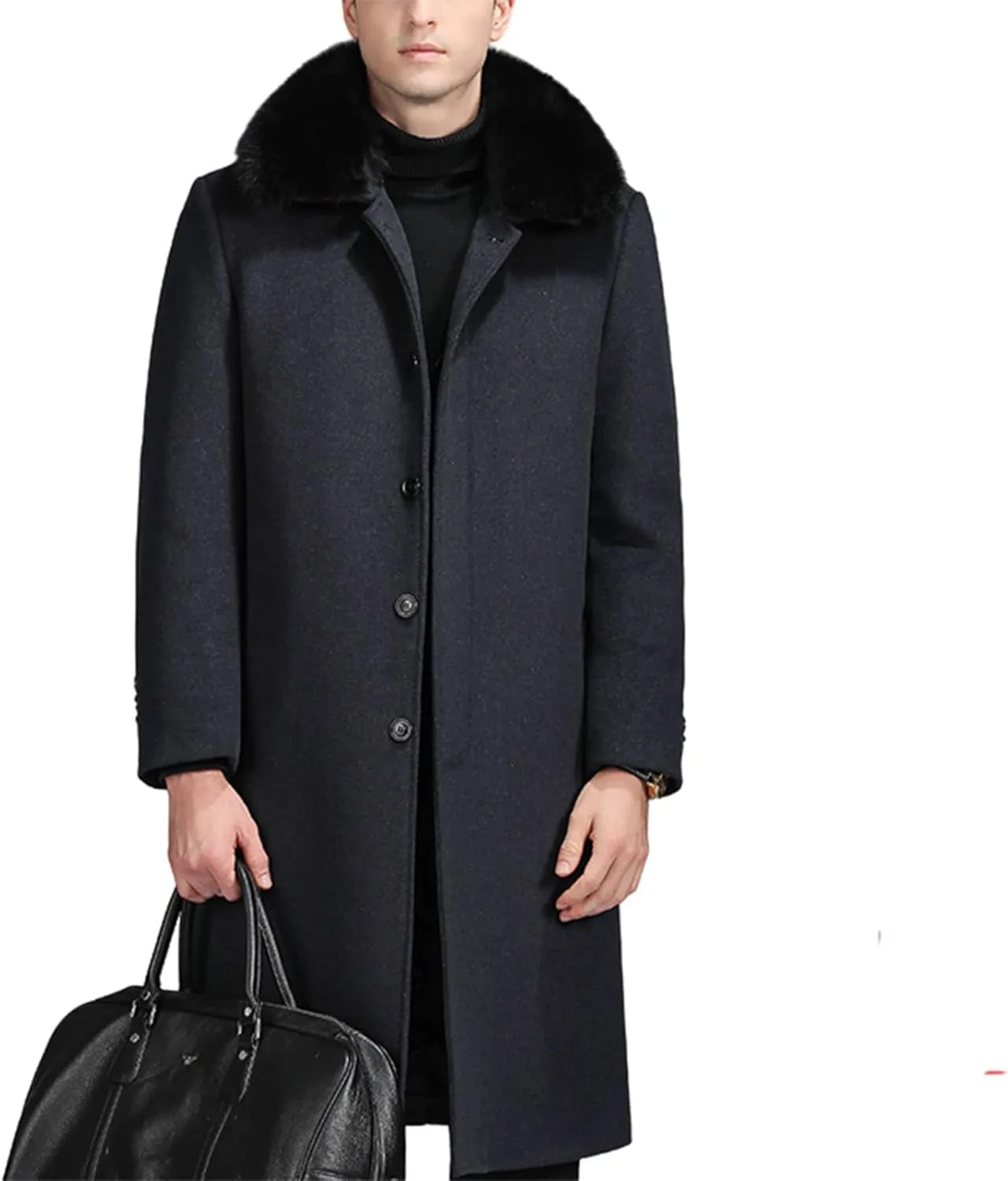 EsukAr Men's Casual Business Single Breasted Long Peacoats Overcoat Winter Wool Coats Fur Collar Trench Coat,S-6XL
