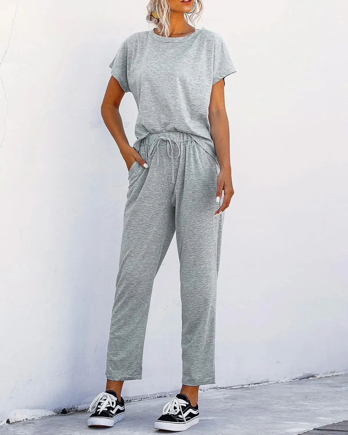 Eurivicy Women's 2 Piece Outfits Sets Casual Short Sleeve Crewneck T-Shirts and Pocketed Jogger Pants Summer Tracksuit Set