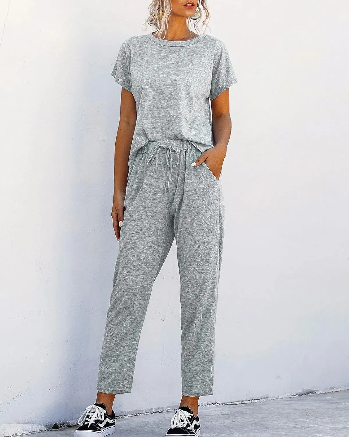 Eurivicy Women's 2 Piece Outfits Sets Casual Short Sleeve Crewneck T-Shirts and Pocketed Jogger Pants Summer Tracksuit Set