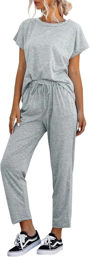 Eurivicy Women's 2 Piece Outfits Sets Casual Short Sleeve Crewneck T-Shirts and Pocketed Jogger Pants Summer Tracksuit Set
