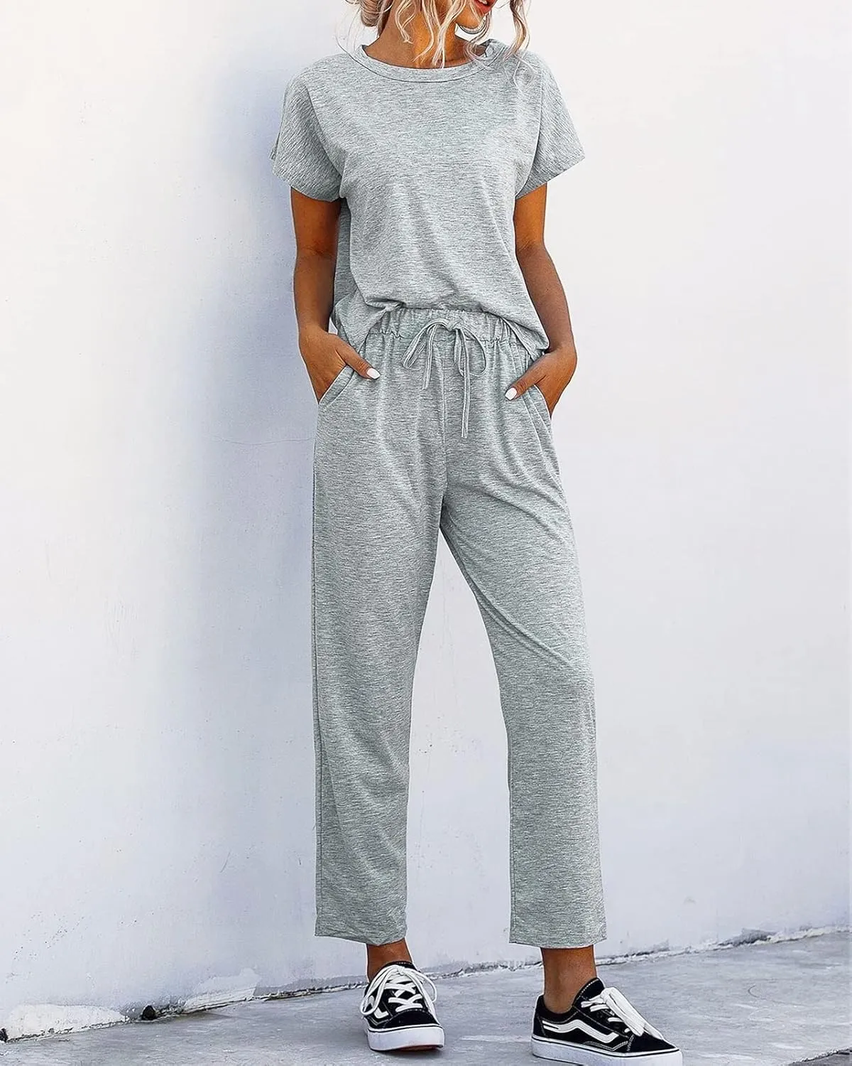 Eurivicy Women's 2 Piece Outfits Sets Casual Short Sleeve Crewneck T-Shirts and Pocketed Jogger Pants Summer Tracksuit Set
