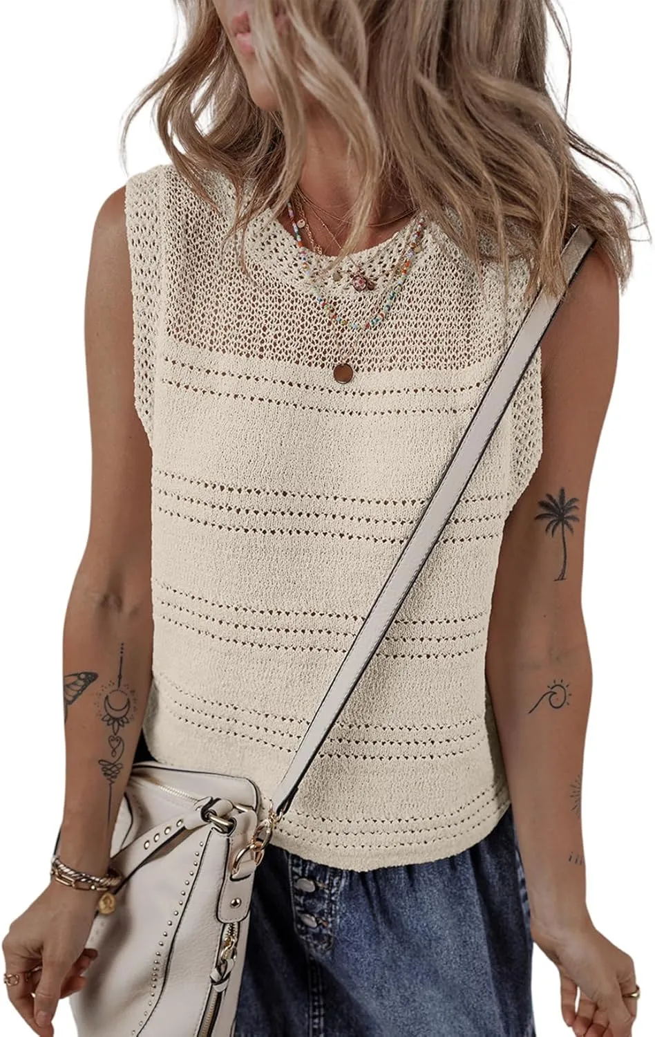 EVALESS Sweater Vest Women Cute Spring Summer Crewneck Knit Sleeveless Crochet Tops
