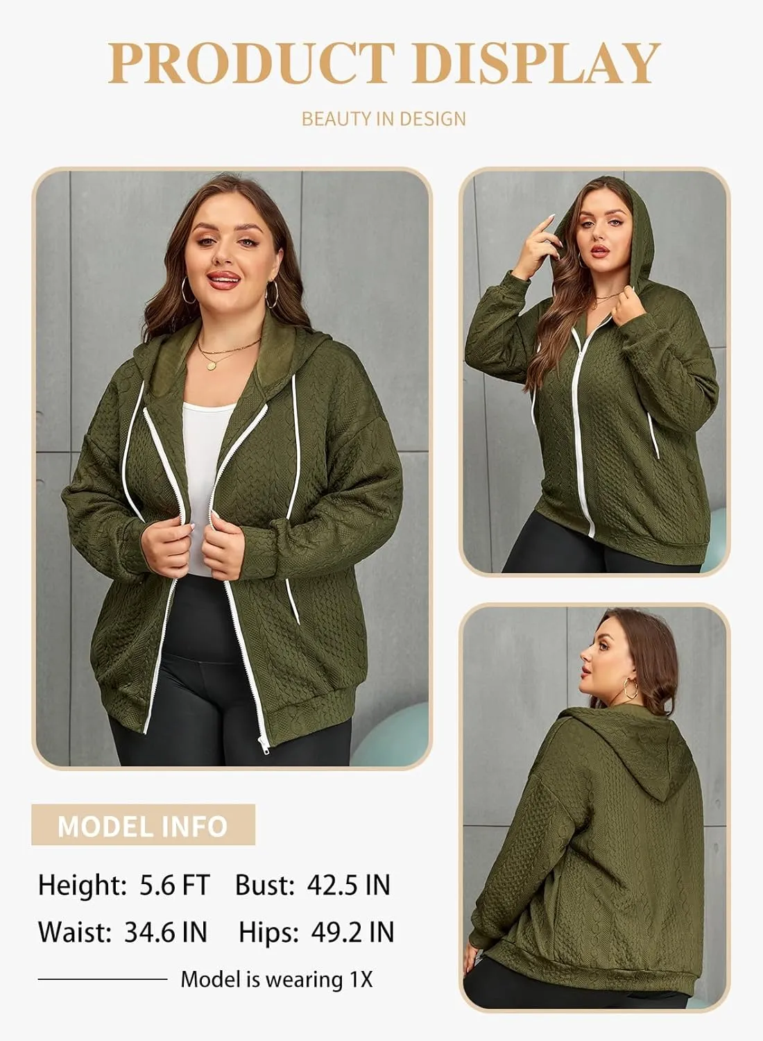Eytino Womens Plus Size Hoodies Sweatshirt Long Sleeve Zip Up Drawstring Jacket Coat Outwear with Pocket(1X-5X)