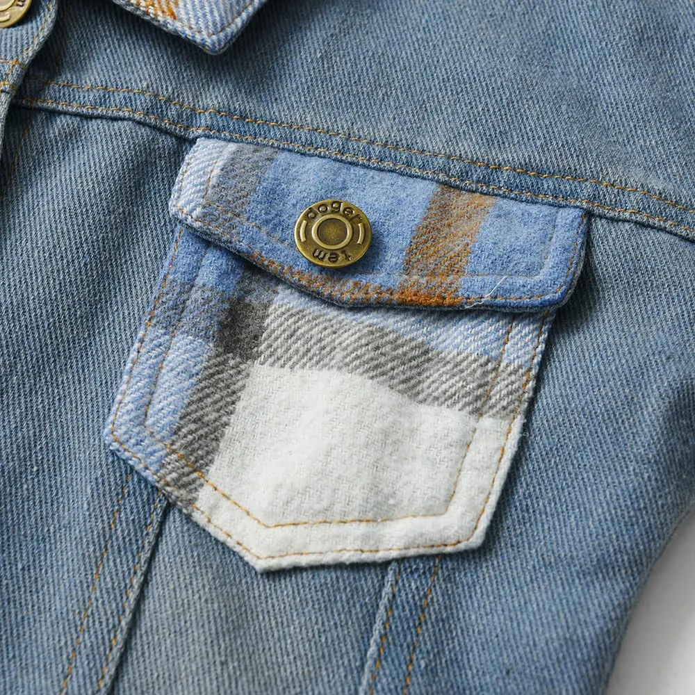 Feidoog Baby Boys Plaid Denim Jacket Toddler Button Down Long Sleeve Lightweight Coat Outerwear