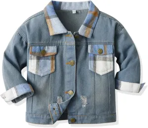 Feidoog Baby Boys Plaid Denim Jacket Toddler Button Down Long Sleeve Lightweight Coat Outerwear