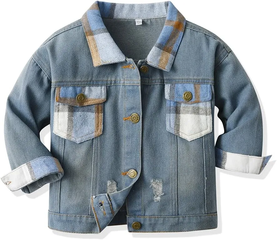 Feidoog Baby Boys Plaid Denim Jacket Toddler Button Down Long Sleeve Lightweight Coat Outerwear