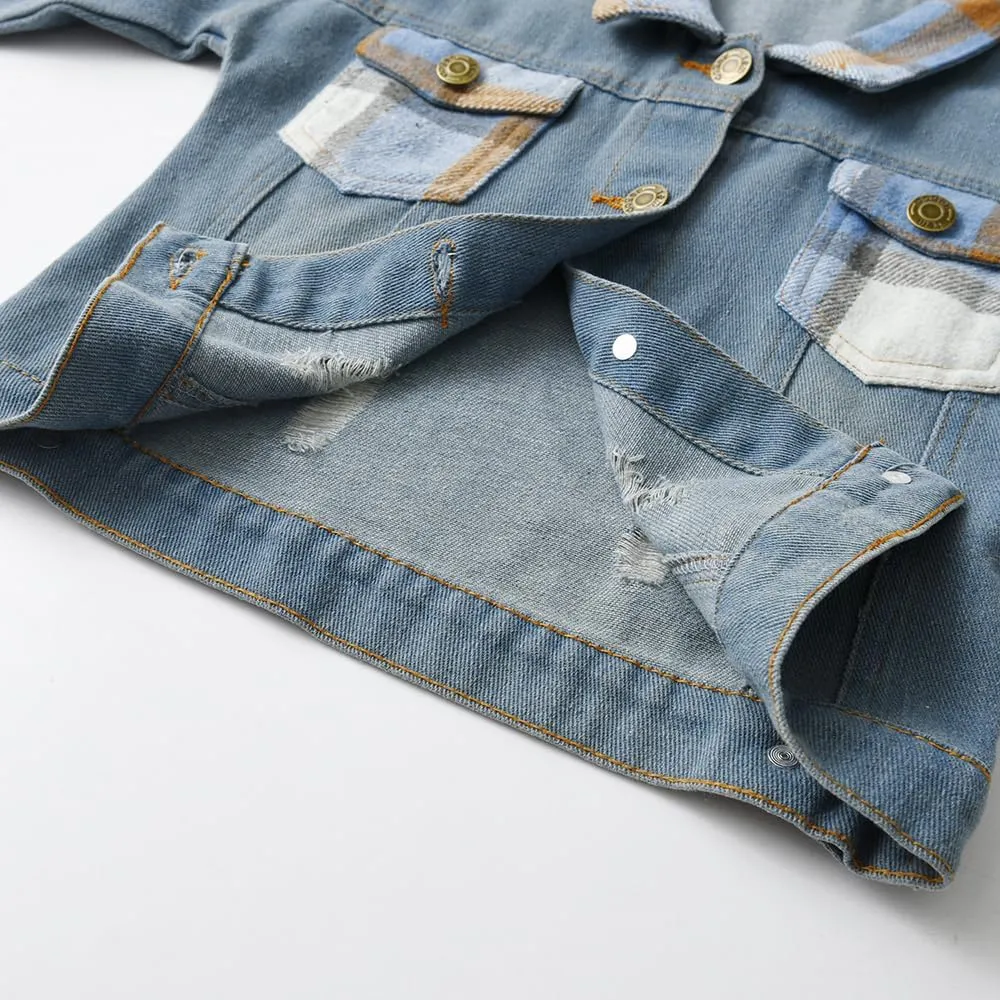 Feidoog Baby Boys Plaid Denim Jacket Toddler Button Down Long Sleeve Lightweight Coat Outerwear