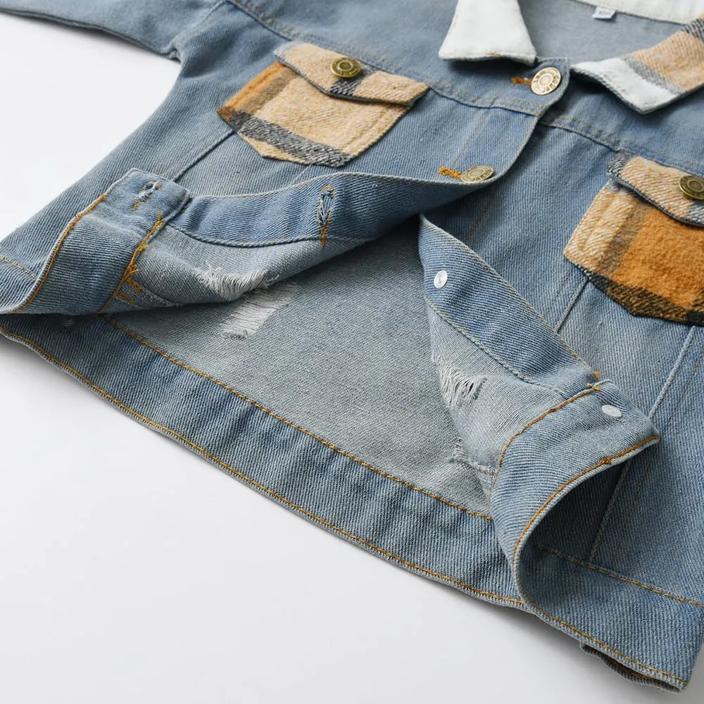 Feidoog Baby Boys Plaid Denim Jacket Toddler Button Down Long Sleeve Lightweight Coat Outerwear