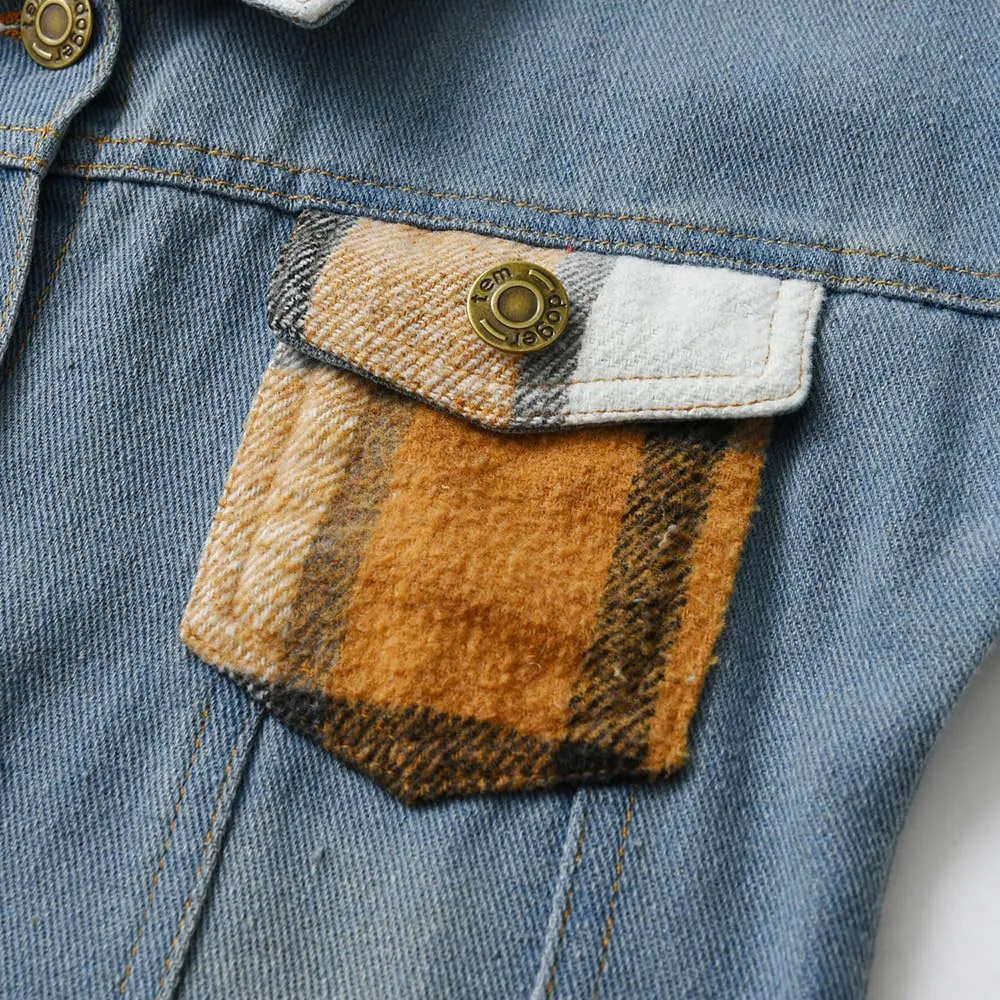 Feidoog Baby Boys Plaid Denim Jacket Toddler Button Down Long Sleeve Lightweight Coat Outerwear