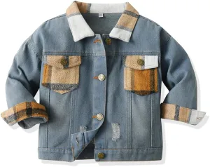 Feidoog Baby Boys Plaid Denim Jacket Toddler Button Down Long Sleeve Lightweight Coat Outerwear
